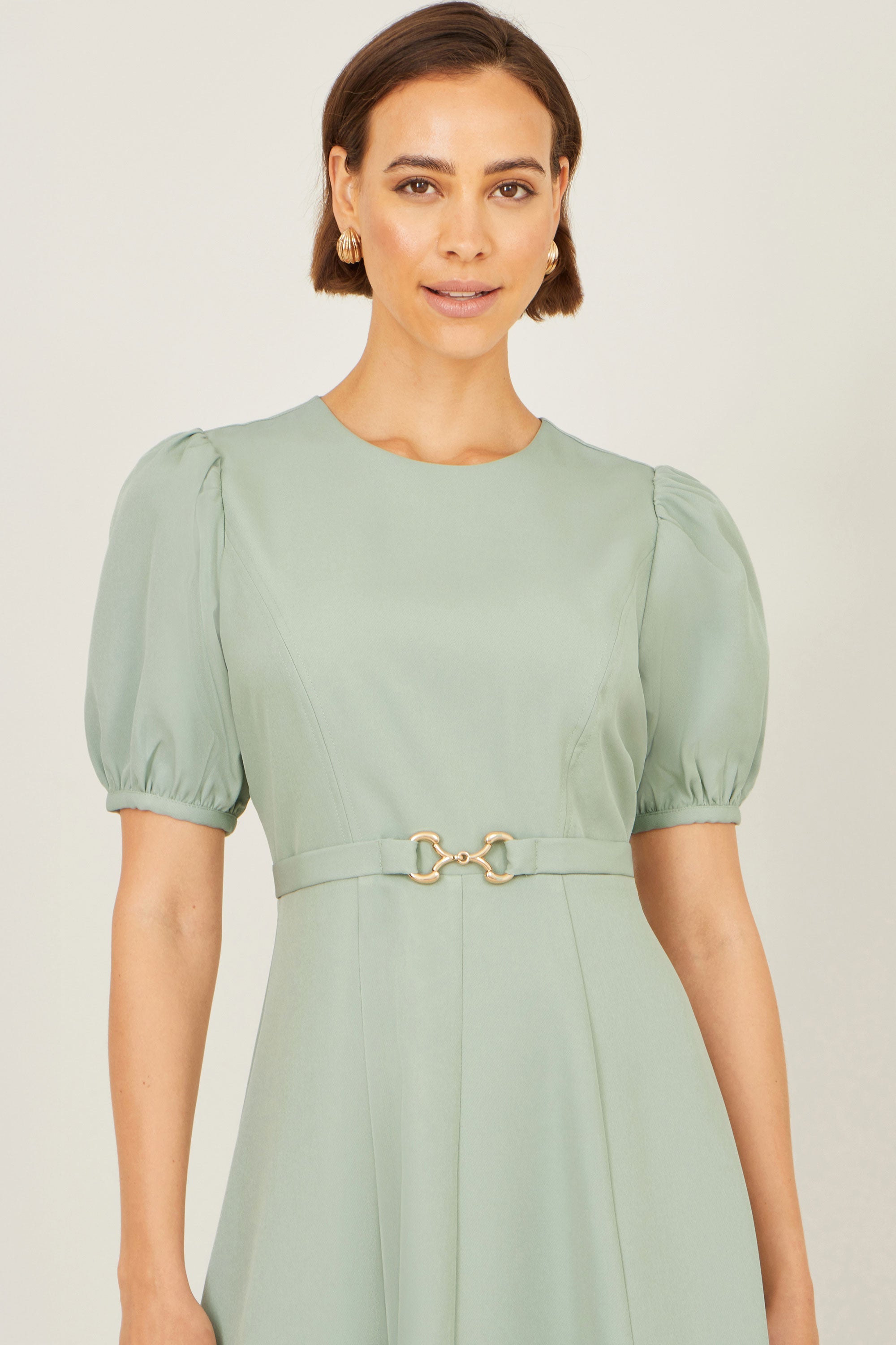 Yumi Mint Skater Dress with Puff Sleeves and Buckle Detail