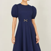 Yumi Navy Skater Dress with Puff Sleeves and Buckle Detail