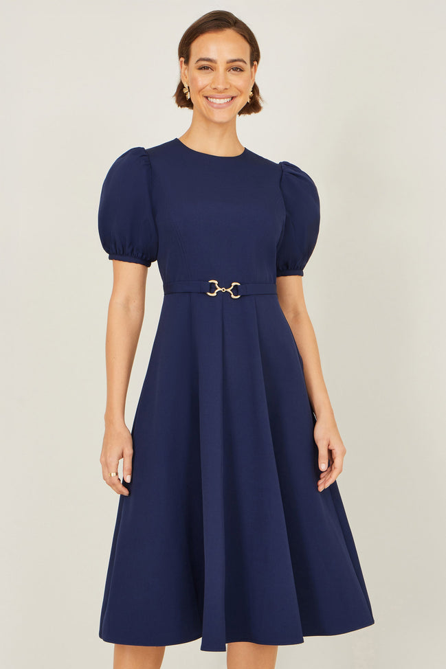 Yumi Navy Skater Dress with Puff Sleeves and Buckle Detail