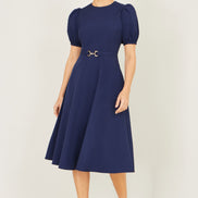 Yumi Navy Skater Dress with Puff Sleeves and Buckle Detail