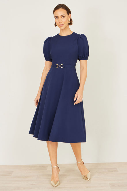 Yumi Navy Skater Dress with Puff Sleeves and Buckle Detail