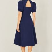 Yumi Navy Skater Dress with Puff Sleeves and Buckle Detail