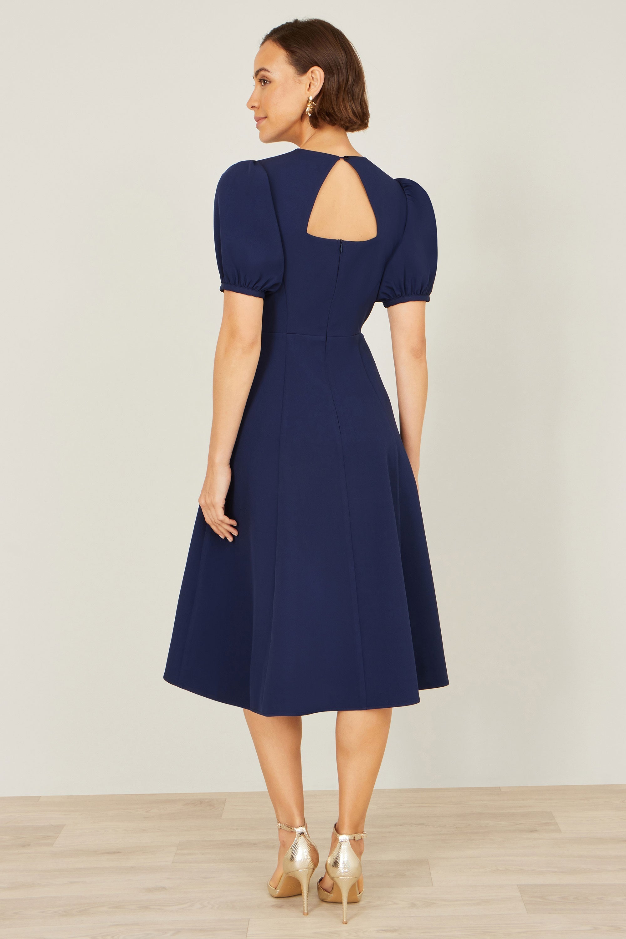 Yumi Navy Skater Dress with Puff Sleeves and Buckle Detail