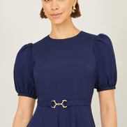 Yumi Navy Skater Dress with Puff Sleeves and Buckle Detail