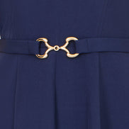 Yumi Navy Skater Dress with Puff Sleeves and Buckle Detail