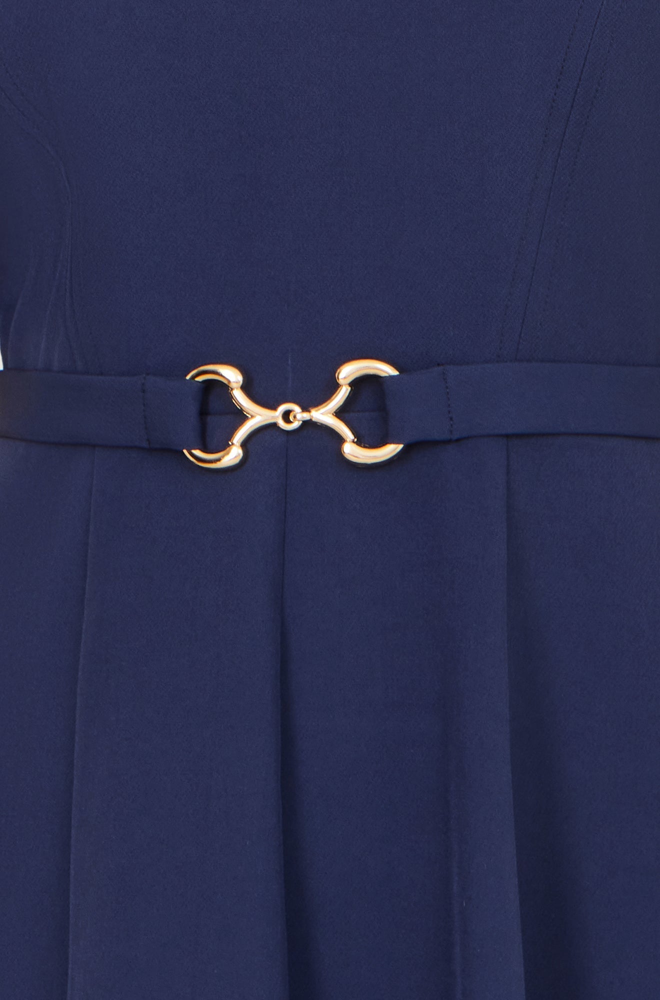 Yumi Navy Skater Dress with Puff Sleeves and Buckle Detail