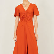 Yumi Orange Ruched Front Stretch Midi Dress