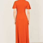 Yumi Orange Ruched Front Stretch Midi Dress