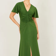 Yumi Green Ruched Front Stretch Midi Dress