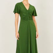 Yumi Green Ruched Front Stretch Midi Dress