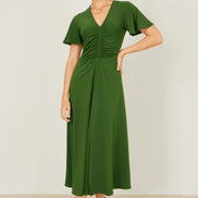 Yumi Green Ruched Front Stretch Midi Dress