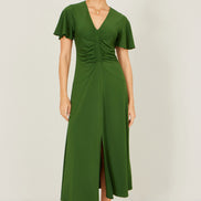 Yumi Green Ruched Front Stretch Midi Dress