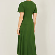 Yumi Green Ruched Front Stretch Midi Dress