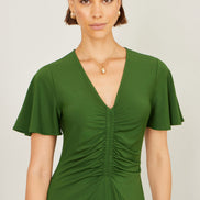 Yumi Green Ruched Front Stretch Midi Dress