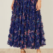Yumi Navy Floral Ruffle Mesh Midi Skirt
