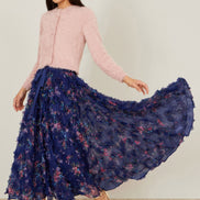 Yumi Navy Floral Ruffle Mesh Midi Skirt