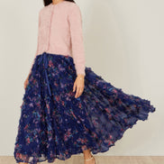 Yumi Navy Floral Ruffle Mesh Midi Skirt