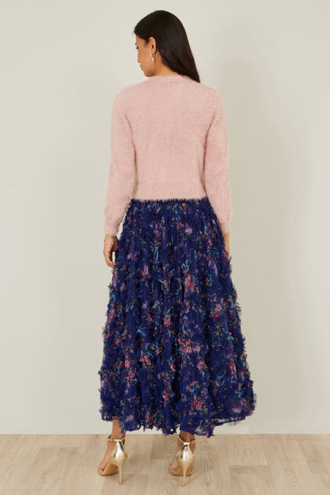 Yumi Navy Floral Ruffle Mesh Midi Skirt