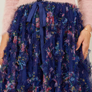 Yumi Navy Floral Ruffle Mesh Midi Skirt