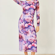 Yumi Purple Floral Mesh Midi Dress with Tie Back