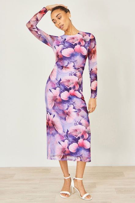 Yumi Purple Floral Mesh Midi Dress with Tie Back