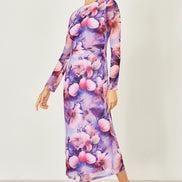 Yumi Purple Floral Mesh Midi Dress with Tie Back