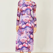 Yumi Purple Floral Mesh Midi Dress with Tie Back