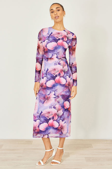 Yumi Purple Floral Mesh Midi Dress with Tie Back