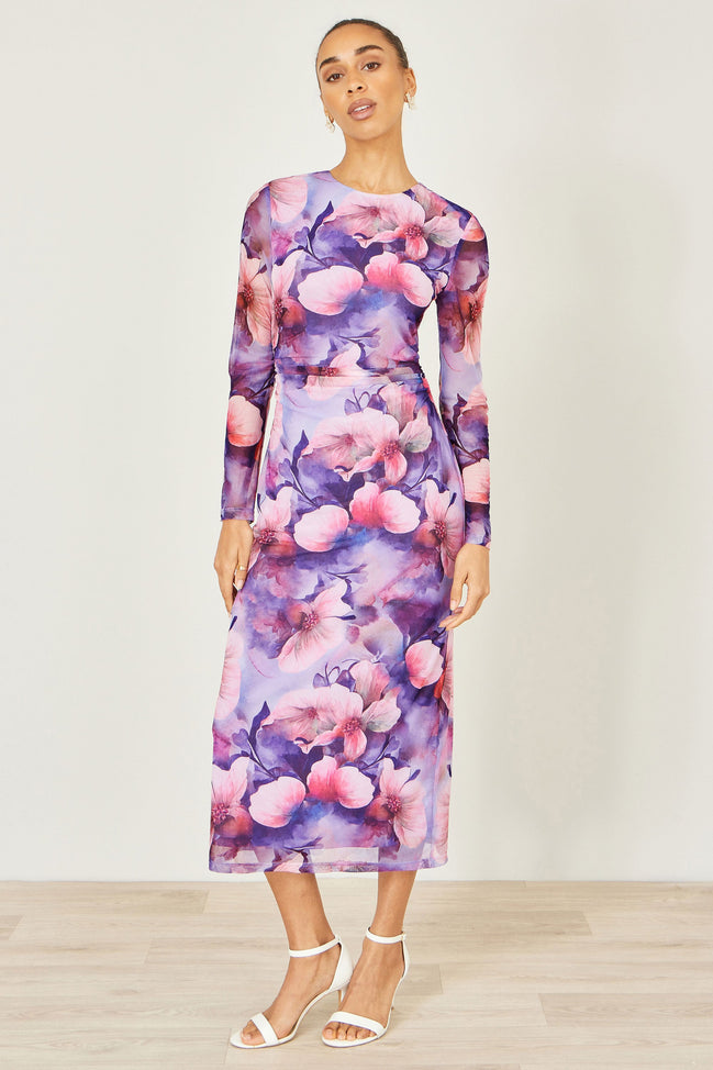 Yumi Purple Floral Mesh Midi Dress with Tie Back