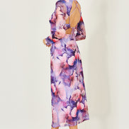 Yumi Purple Floral Mesh Midi Dress with Tie Back