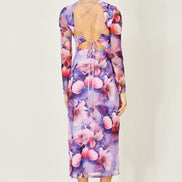 Yumi Purple Floral Mesh Midi Dress with Tie Back