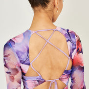 Yumi Purple Floral Mesh Midi Dress with Tie Back