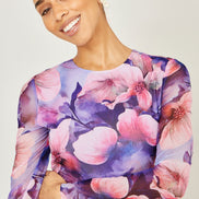 Yumi Purple Floral Mesh Midi Dress with Tie Back