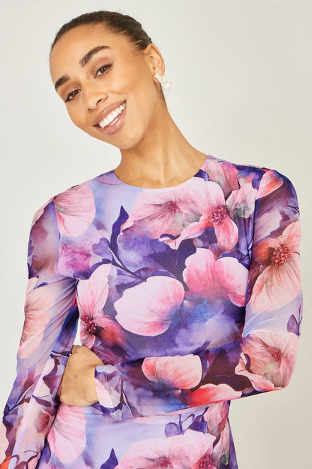 Yumi Purple Floral Mesh Midi Dress with Tie Back