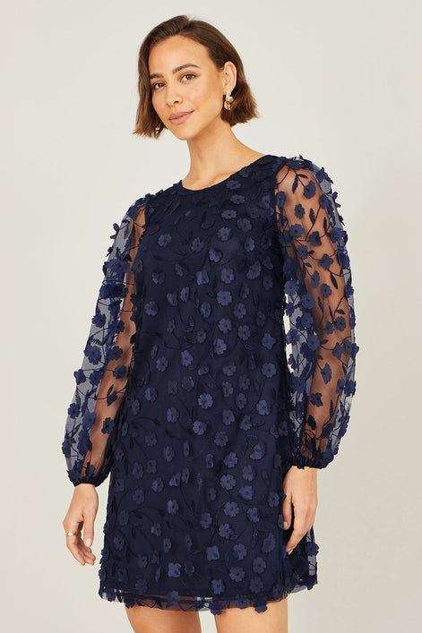 Yumi Navy Long Sleeve Floral Applique Tunic