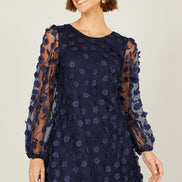 Yumi Navy Long Sleeve Floral Applique Tunic