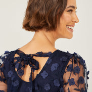Yumi Navy Long Sleeve Floral Applique Tunic