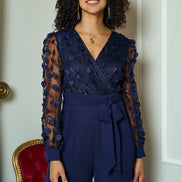 Yumi Navy Flower Applique Jumpsuit