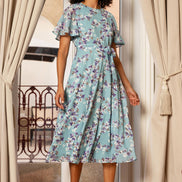 Yumi Blue Blossom Skater Midi Dress with Angel Sleeves