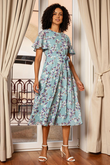Yumi Blue Blossom Skater Midi Dress with Angel Sleeves