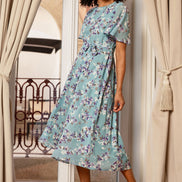 Yumi Blue Blossom Skater Midi Dress with Angel Sleeves