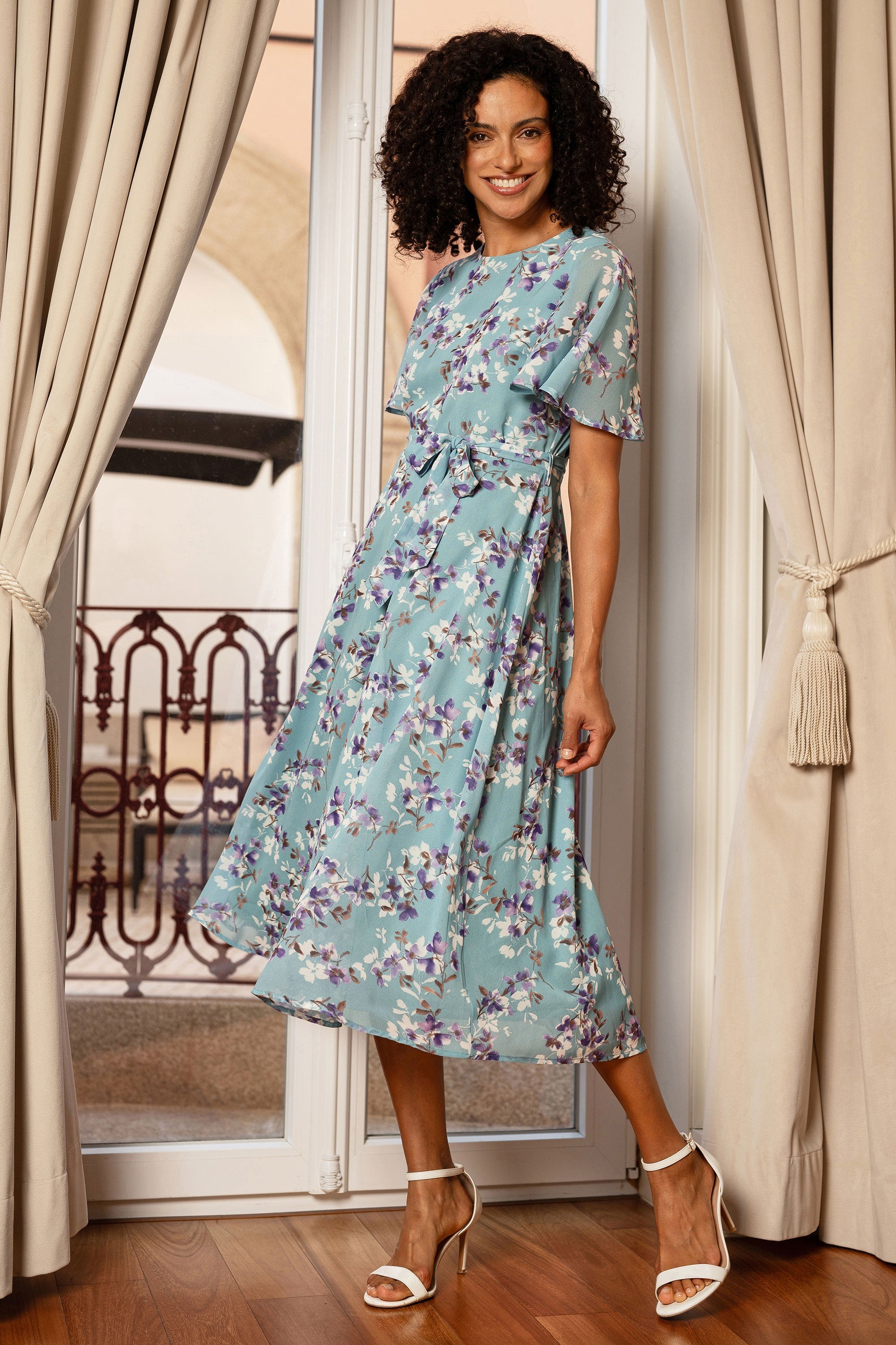 Yumi Blue Blossom Skater Midi Dress with Angel Sleeves