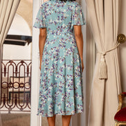 Yumi Blue Blossom Skater Midi Dress with Angel Sleeves