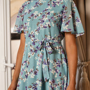 Yumi Blue Blossom Skater Midi Dress with Angel Sleeves