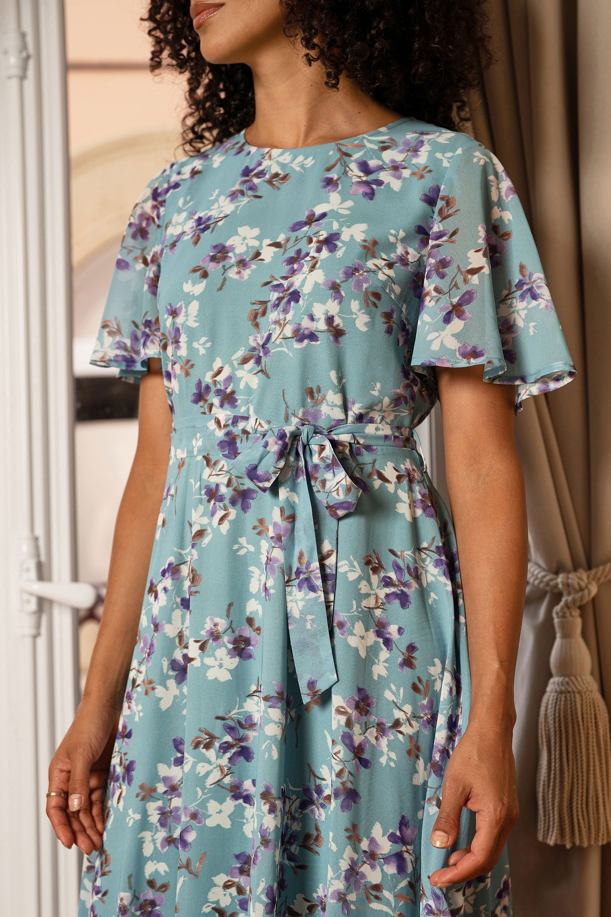 Yumi Blue Blossom Skater Midi Dress with Angel Sleeves