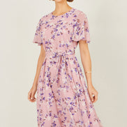 Yumi Pink Blossom Skater Midi Dress with Angel Sleeves