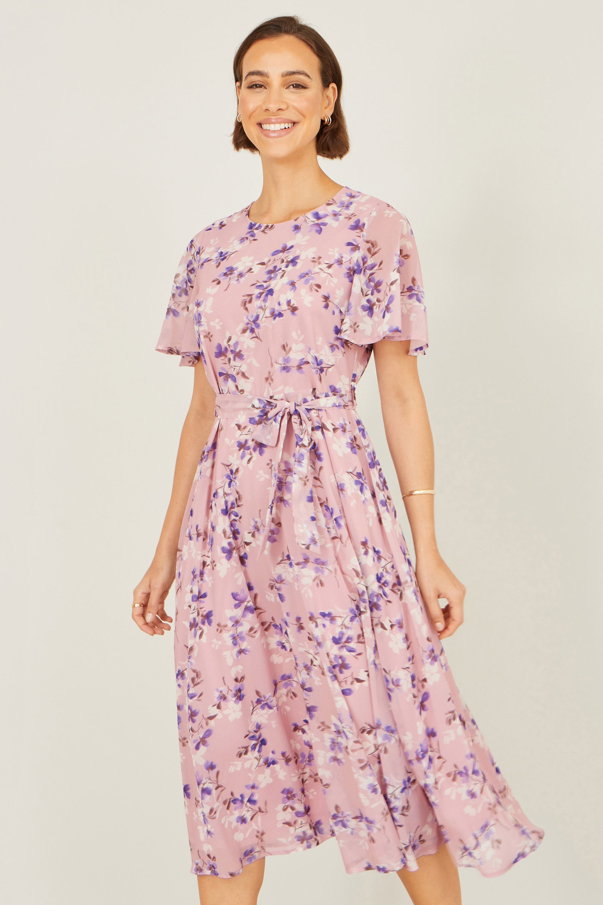 Yumi Pink Blossom Skater Midi Dress with Angel Sleeves