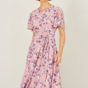 Yumi Pink Blossom Skater Midi Dress with Angel Sleeves