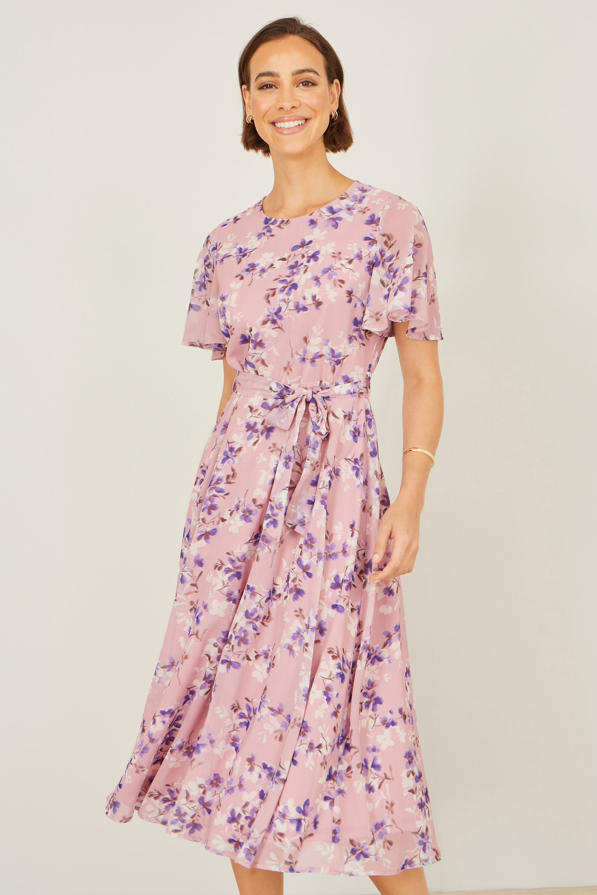 Yumi Pink Blossom Skater Midi Dress with Angel Sleeves