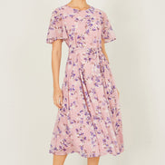 Yumi Pink Blossom Skater Midi Dress with Angel Sleeves